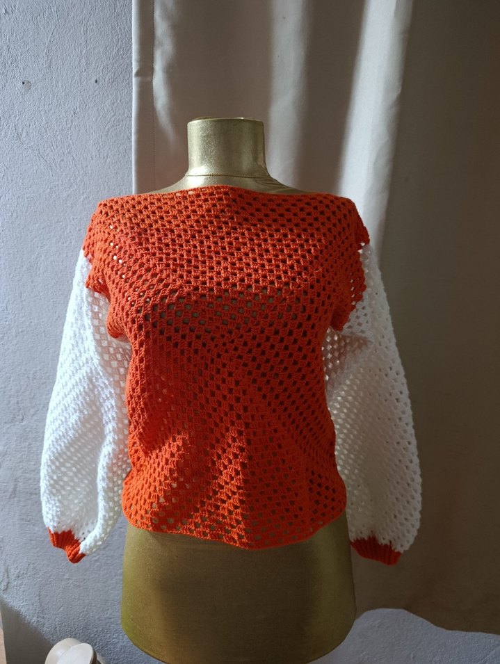 Turuncu Beyaz Örgü Bohem Kadın Kazak - Görsel 2