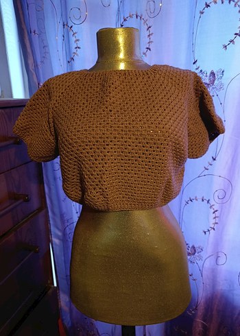 Kısa Kollu Örgü Kahverengi Kadın Kazak - Görsel 2