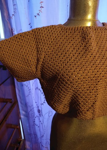 Kısa Kollu Örgü Kahverengi Kadın Kazak - Görsel 3