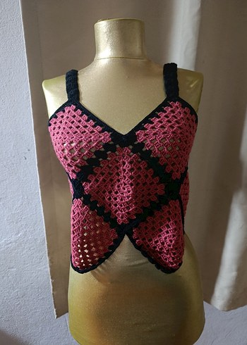 Pembe Siyah Örgü Bohem Mini Bustiyer - Görsel 2