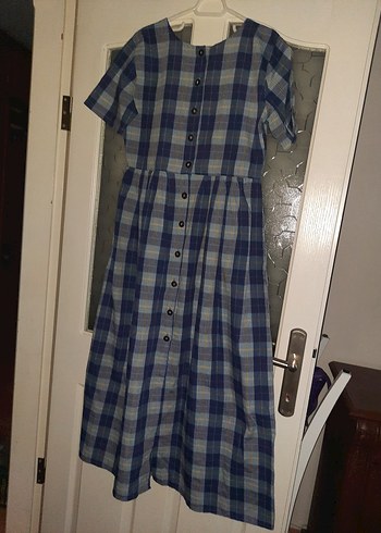 Mavi Ekoseli Uzun Elbise - Görsel 5