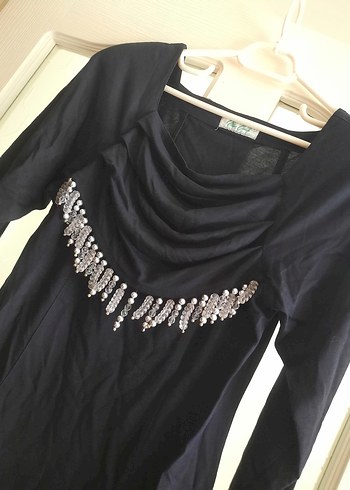 Uzun Kollu Drapeli Siyah Abiye Bluz - Görsel 2