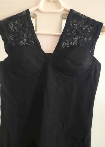 Siyah Straplez Dantel Kalın Askı Abiye Elbise - Görsel 3