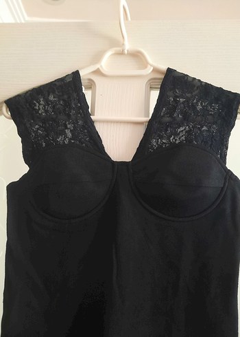 Siyah Straplez Dantel Kalın Askı Abiye Elbise - Görsel 4