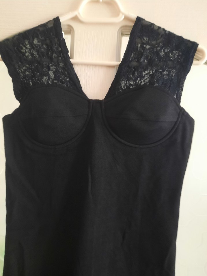 Siyah Straplez Dantel Kalın Askı Abiye Elbise - Görsel 3