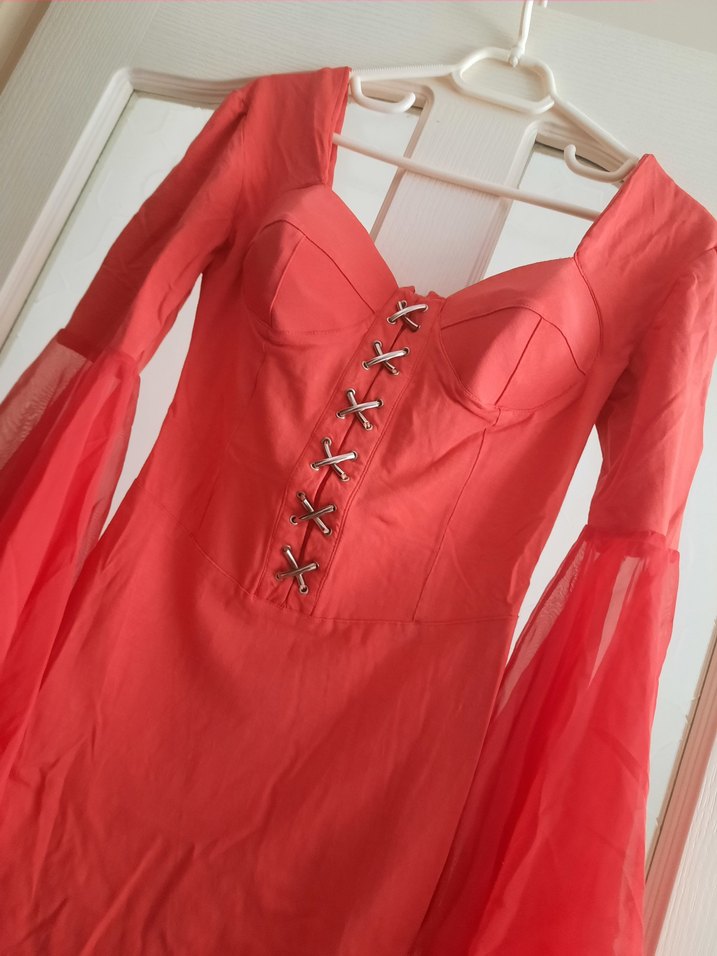 Uzun Kollu Mini Vintage Elbise - Görsel 3