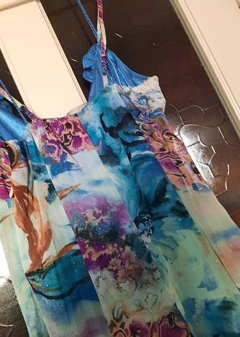 Bohem Çok Renkli Uzun Askılı Elbise - Görsel 7