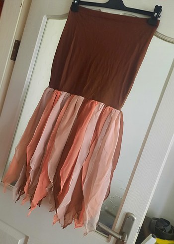 Straplez Drapeli Cıvıl Cıvıl Şifon Elbise - Görsel 5