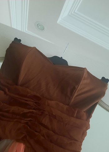 Straplez Drapeli Cıvıl Cıvıl Şifon Elbise - Görsel 3