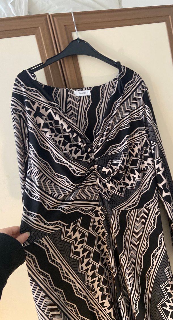 V Yaka Uzun Kollu Bohem Desenli Triko Elbise - Görsel 5