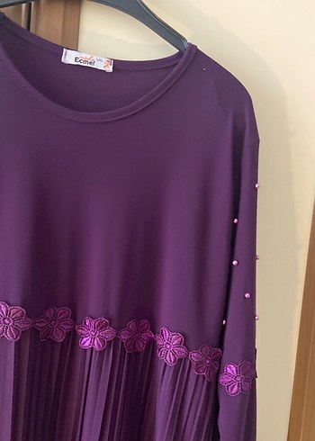 Mor Piliseli Uzun Kollu Kadın Elbise tesettür kapalı giyim - Görsel 5