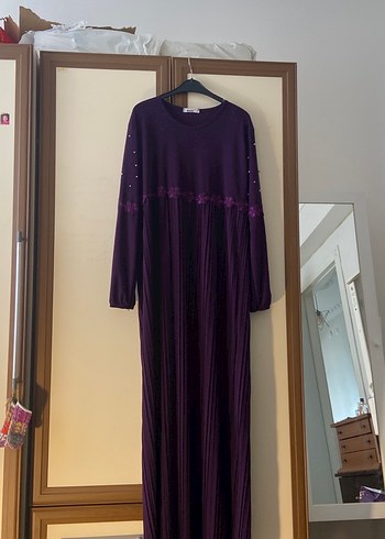 Mor Piliseli Uzun Kollu Kadın Elbise tesettür kapalı giyim - Görsel 3