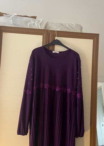 Mor Piliseli Uzun Kollu Kadın Elbise tesettür kapalı giyim - Görsel 2