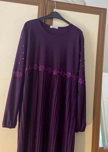 Mor Piliseli Uzun Kollu Kadın Elbise tesettür kapalı giyim - Görsel 4