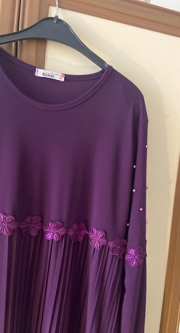 Mor Piliseli Uzun Kollu Kadın Elbise tesettür kapalı giyim - Görsel 5