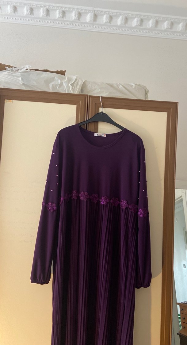 Mor Piliseli Uzun Kollu Kadın Elbise tesettür kapalı giyim - Görsel 2