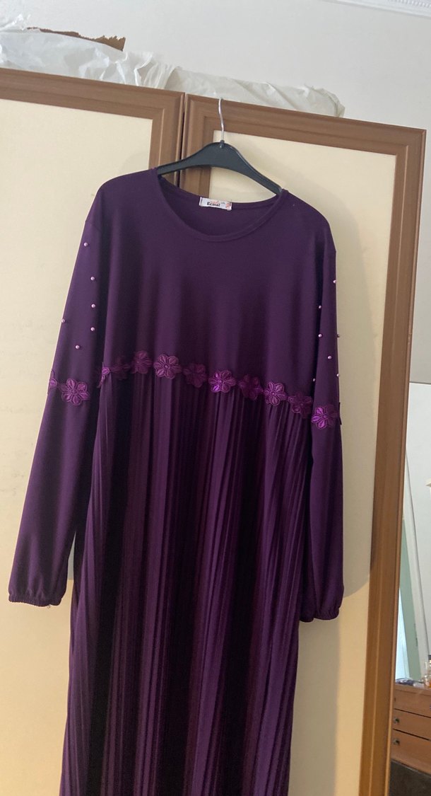 Mor Piliseli Uzun Kollu Kadın Elbise tesettür kapalı giyim - Görsel 4