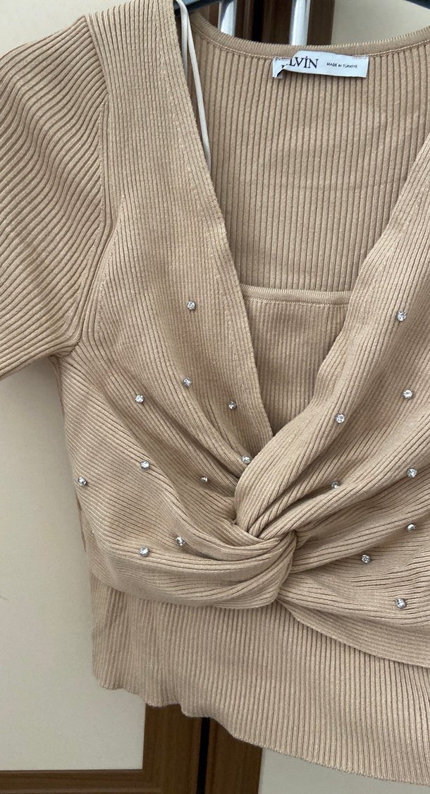 Kadın Bej Kısa Triko Bluz - Görsel 3