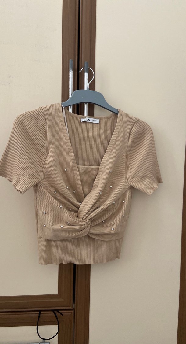 Kadın Bej Kısa Triko Bluz - Görsel 4