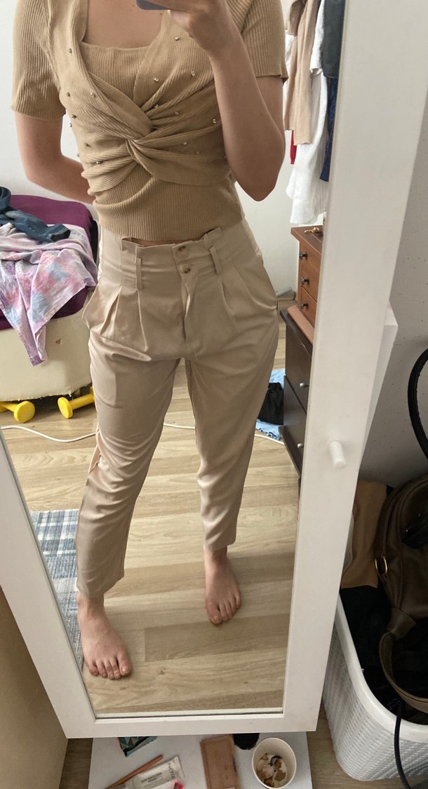 Bej Kadın Pamuk Kumaş Salaş Pantolon - Görsel 2