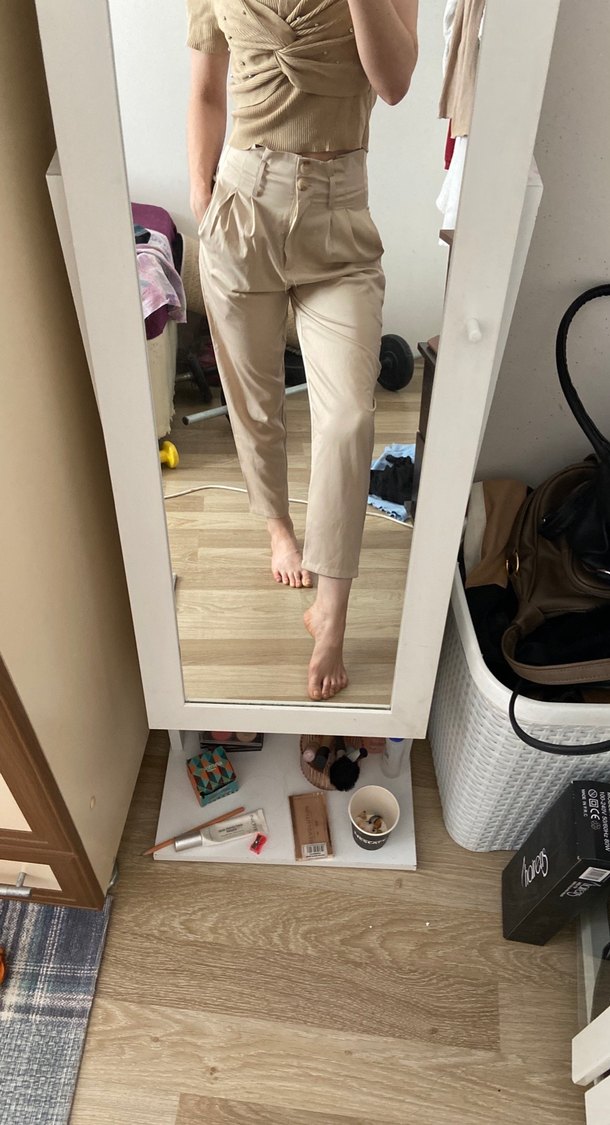 Bej Kadın Pamuk Kumaş Salaş Pantolon - Görsel 4