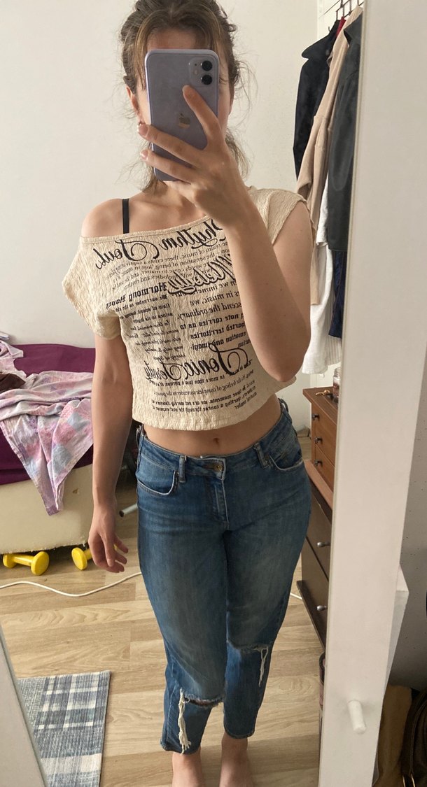 Baskılı Bej Keten Straplez Salaş Kadın Üst - Görsel 3