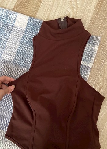 Kahverengi Kadın Yüksek Yakalı fermuarlı bluz - Görsel 6