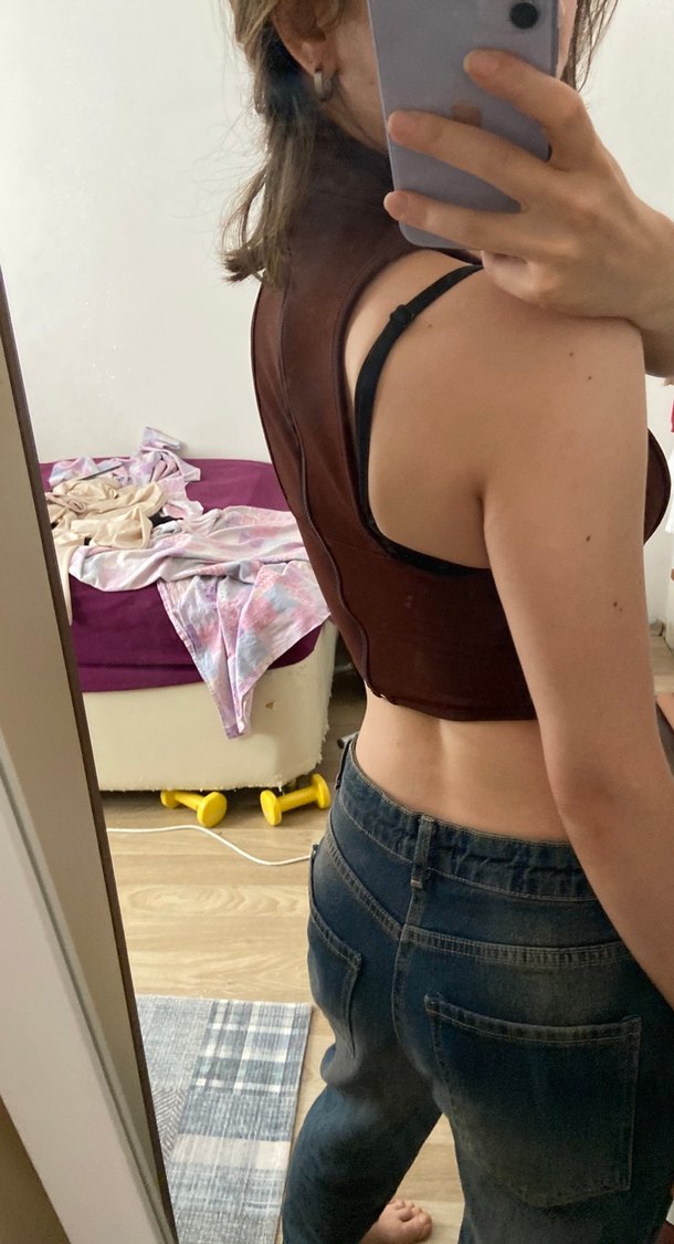 Kahverengi Kadın Yüksek Yakalı fermuarlı bluz - Görsel 3