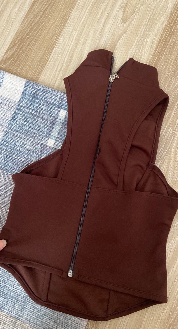 Kahverengi Kadın Yüksek Yakalı fermuarlı bluz - Görsel 4