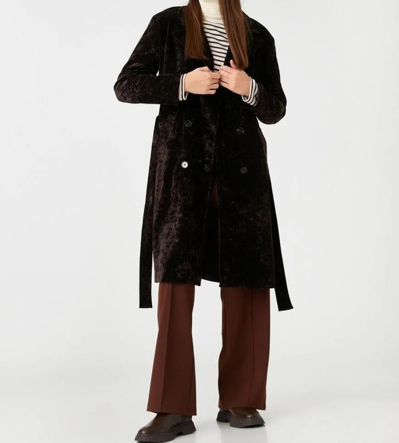 Kahverengi Kadife Uzun Kadın Trençkot S ve M uyumlu - Görsel 2