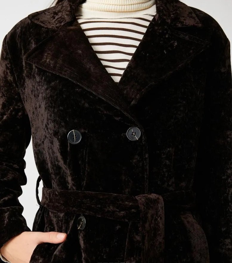 Kahverengi Kadife Uzun Kadın Trençkot S ve M uyumlu - Görsel 4