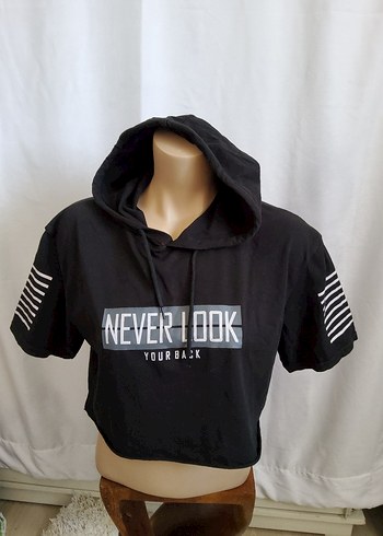 Siyah Kısa Kollu Kapüşonlu Oversize Sweatshirt Crop