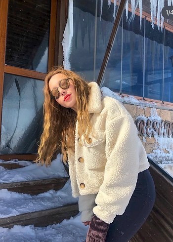 Pull and Bear Krem Pull Bear Peluş Kadın Kışlık Mont