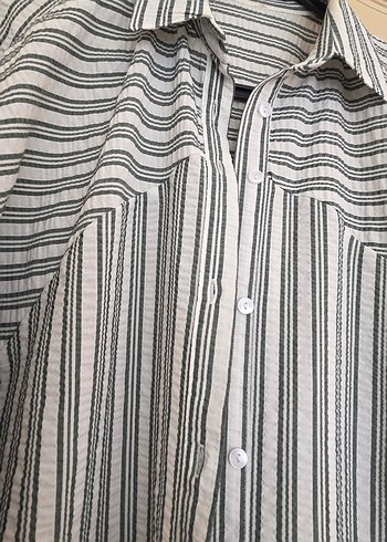 Haki Çizgili Keten Kadın Gömlek - Görsel 2