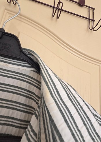 Haki Çizgili Keten Kadın Gömlek - Görsel 4