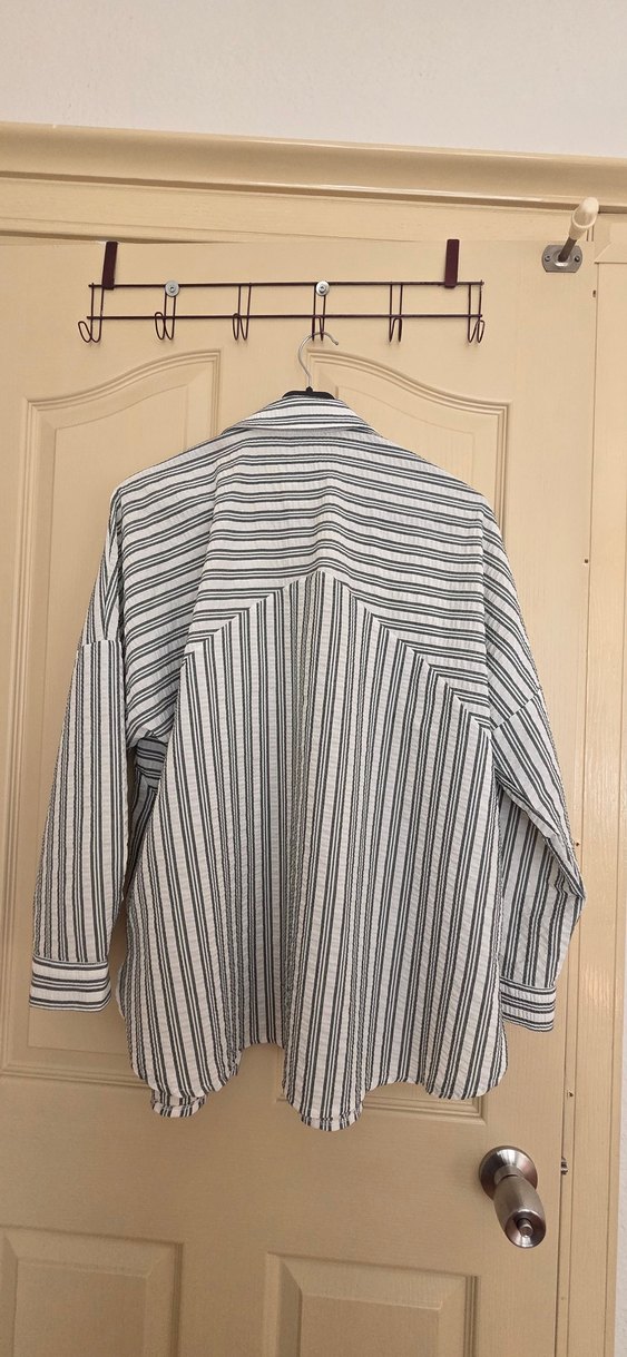 Haki Çizgili Keten Kadın Gömlek - Görsel 3