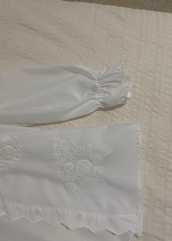 Düğmeli Beyaz Nakışlı Bohem Kadın Gömlek vintage - Görsel 2