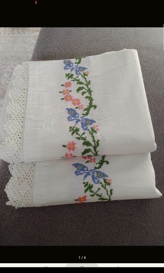 Nakışlı Beyaz kanaviçe yatak eteği - Görsel 2