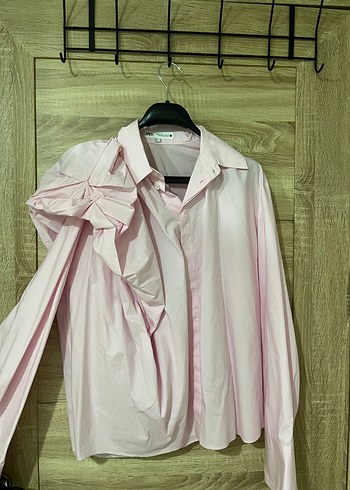 Zara Zara Pembe Drapeli Uzun Kollu Keten Gömlek