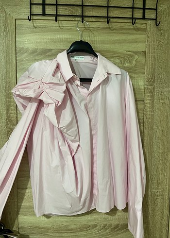 Zara Pembe Drapeli Uzun Kollu Keten Gömlek