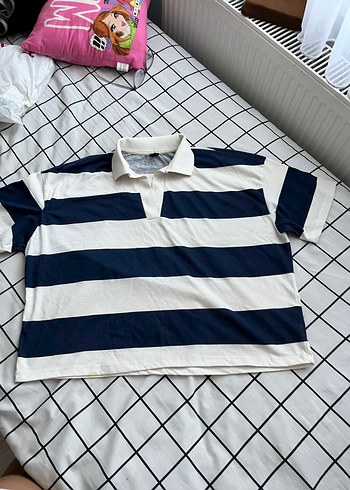 Koyu Beyaz Çizgili Polo Tişört