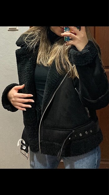 l Beden siyah Renk Stradivarius Kürklü Biker Ceket
