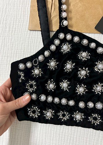 İnci İşlemeli Siyah Straplez Büstiyer - Görsel 4