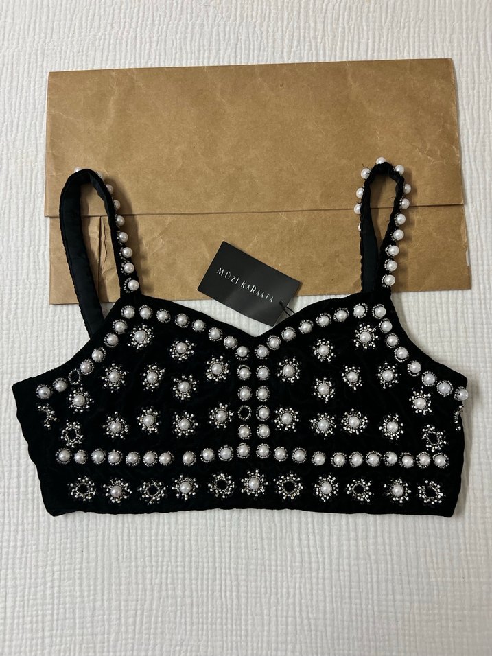 İnci İşlemeli Siyah Straplez Büstiyer - Görsel 3