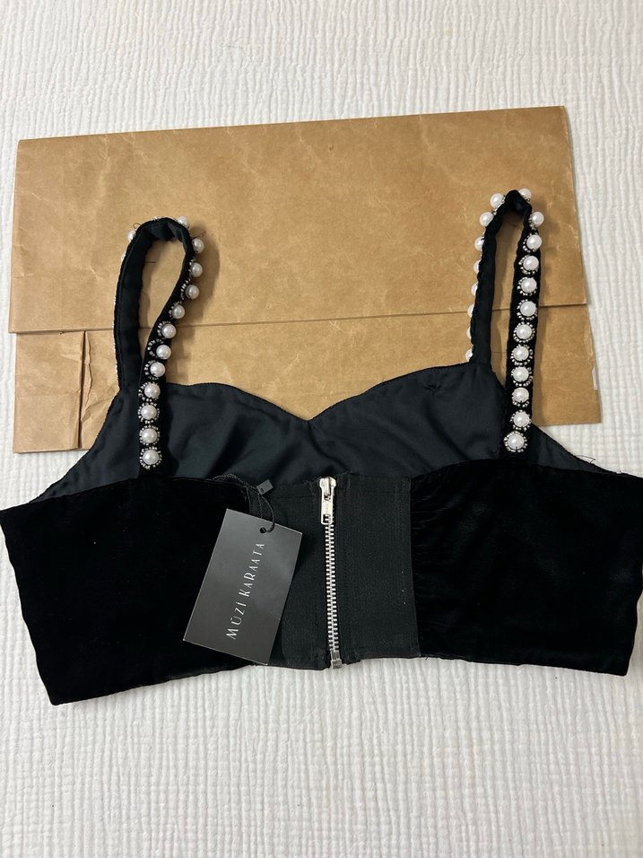 İnci İşlemeli Siyah Straplez Büstiyer - Görsel 5