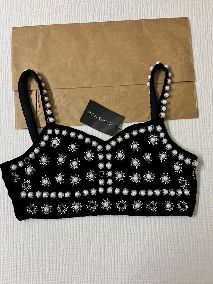 İnci İşlemeli Siyah Straplez Büstiyer - Görsel 2