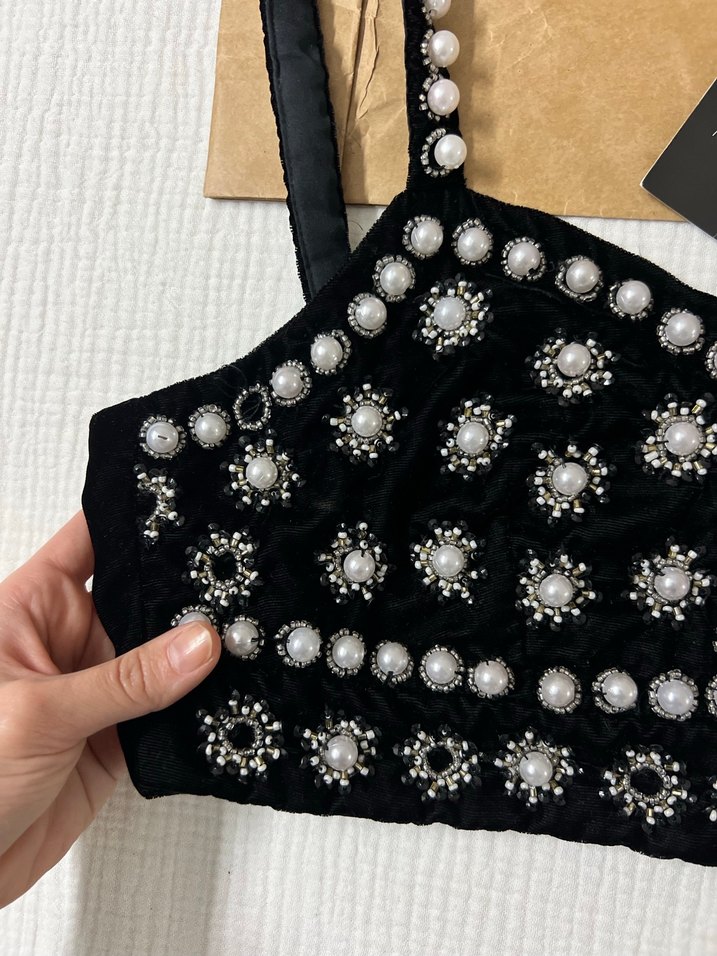 İnci İşlemeli Siyah Straplez Büstiyer - Görsel 4