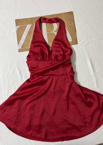 Kırmızı Saten Mini V Yakalı Elbise - Görsel 3