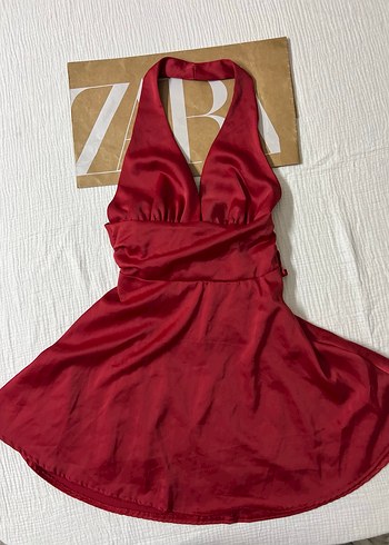 Kırmızı Saten Mini V Yakalı Elbise - Görsel 4