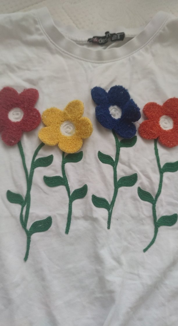 Çiçekli Pamuklu Kısa Kollu Tişört crop - Görsel 2